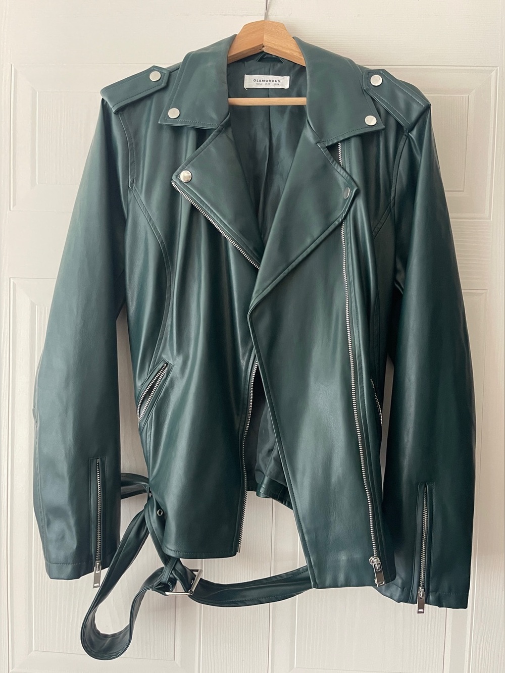 Glamorous UK Dark Forest Green Faux Leather Moto Jacket - Picture 2 of 15